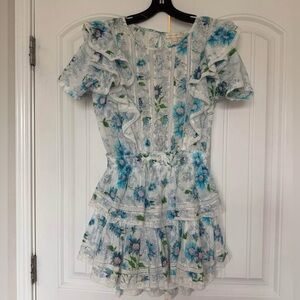 Loveshackfancy Natasha dress ruffle floral white blue size M like new summer
